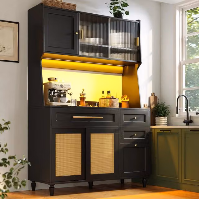 Credenza da cucina alta con LED, 3 cassetti e ripiani regolabili, per cucina e soggiorno, nera, 120 × 45 × 195.5 cm