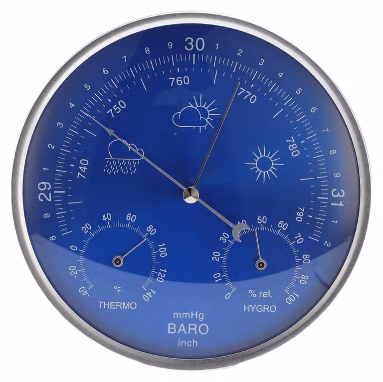 Omgoods - Strumento meteorologico 3-in-1 - Termometro/Barometro/Igrometro - Alluminio - 180mm - Blu - Facile da leggere - Display