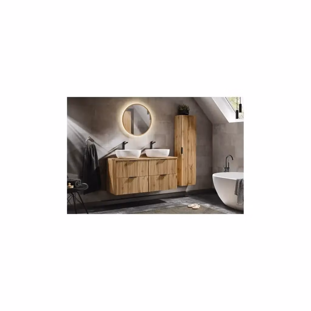 Set da bagno NOXERA Meublorama in Rovere Wotan, composto da mobile lavabo da 120 cm, colonna e specchio con illuminazione LED – 2