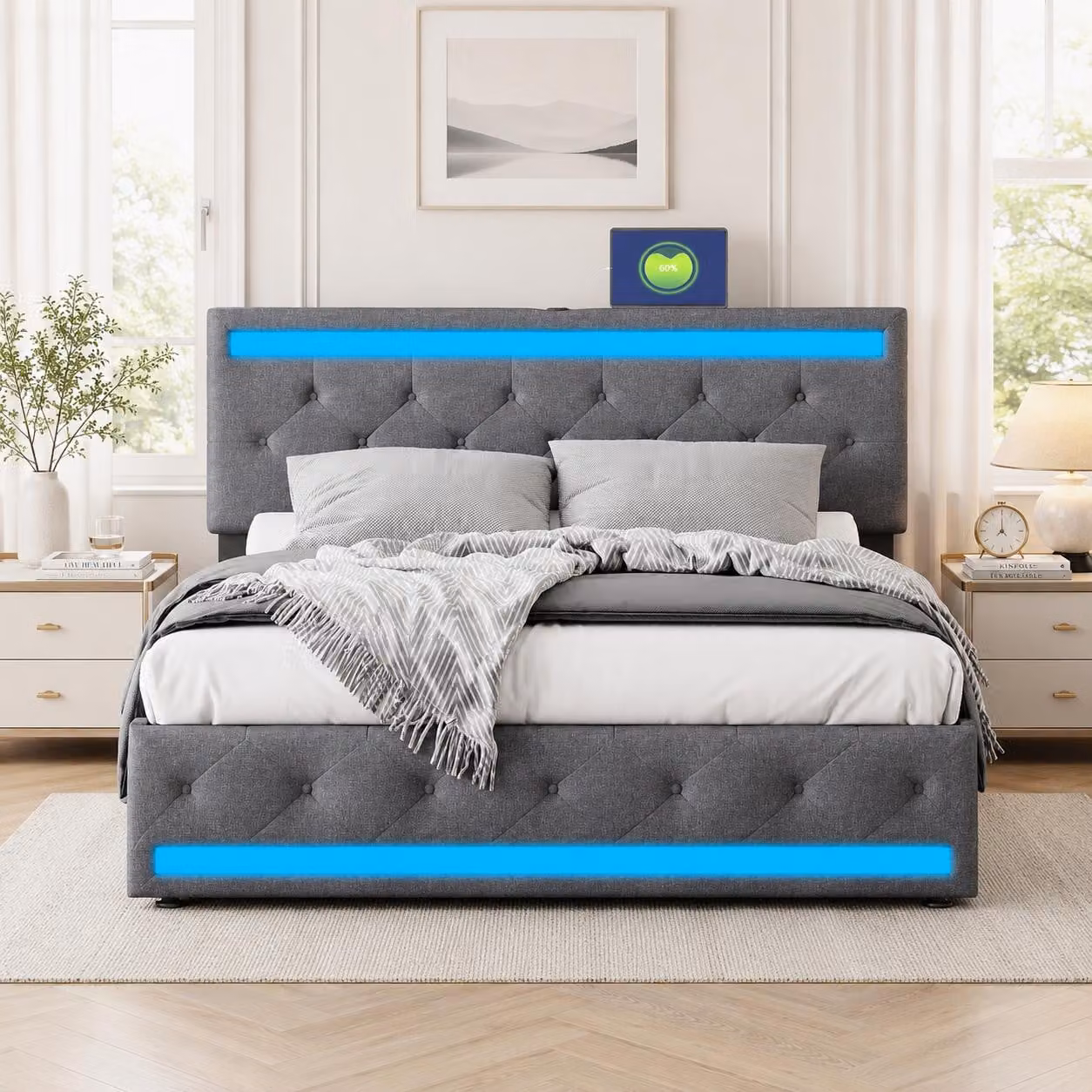 Letto imbottito INONEFT, modello contenitore, 180x200 cm, letto matrimoniale con 4 cassetti, letto per ragazzi con LED, porte USB e Type-C, letto multifunzionale con rete a doghe, colore grigio lino