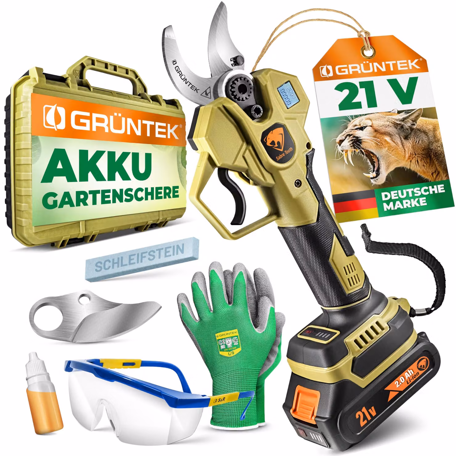 GRÜNTEK, cesoie elettriche a batteria per potatura, 21V, 2Ah, motore brushless, ideale per potature fino a 30mm, 400W, lama SK5 compatibile con Makita, set completo con custodia
