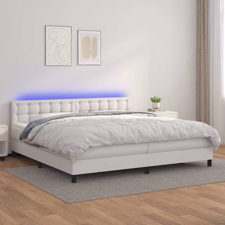 vidaXL Giroletto con Molle e Materasso Ibrido in Similpelle Bianco con Illuminazione LED e Porte USB L/P/H: 200 x 200 x 88 cm