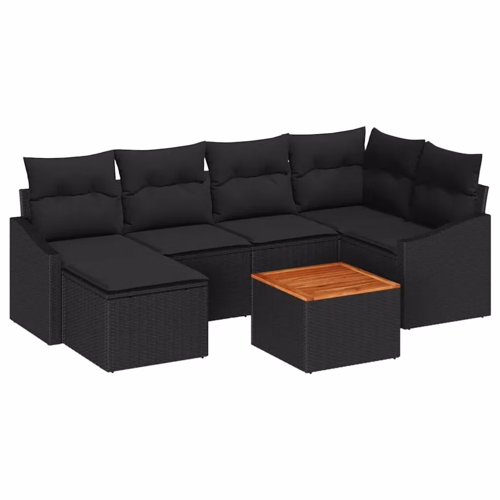 Set Divano da Giardino vidaXL 7 Pezzi L-Shape Nero con Cuscini e Tavolino in Polyrattan e Acciaio – 2