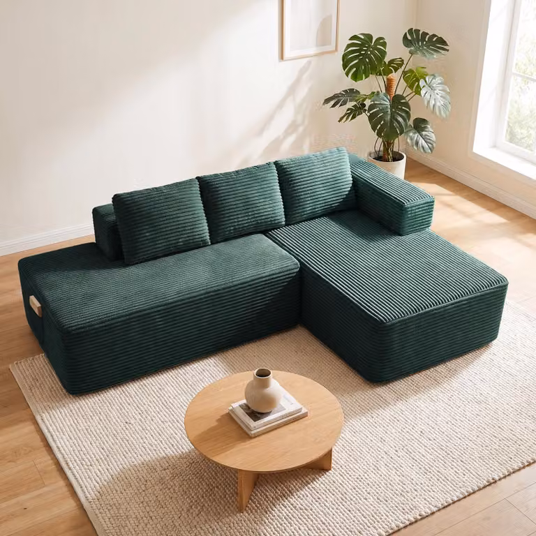 Divano componibile modello Ecksofa, con funzione letto, 228 cm, rivestito in velluto. Divano modulare "Boneless" con chaise longue e struttura in metallo per lo schienale. Divano a forma di L con funzione letto e struttura aperta