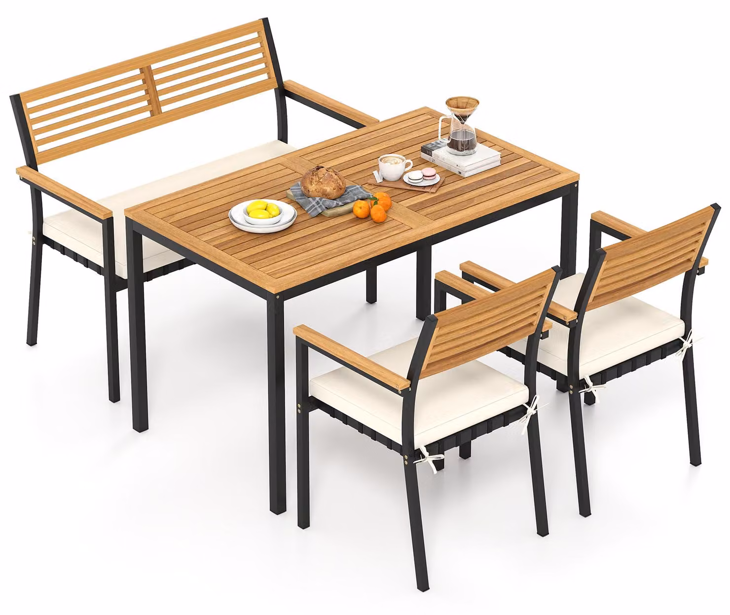 Set di mobili da giardino COSTWAY, inclusi mobili per terrazza con tavolo da giardino dotato di foro per ombrellone, una panca e 2 sedie da giardino impilabili con cuscini, ideale per un gruppo di 4 persone