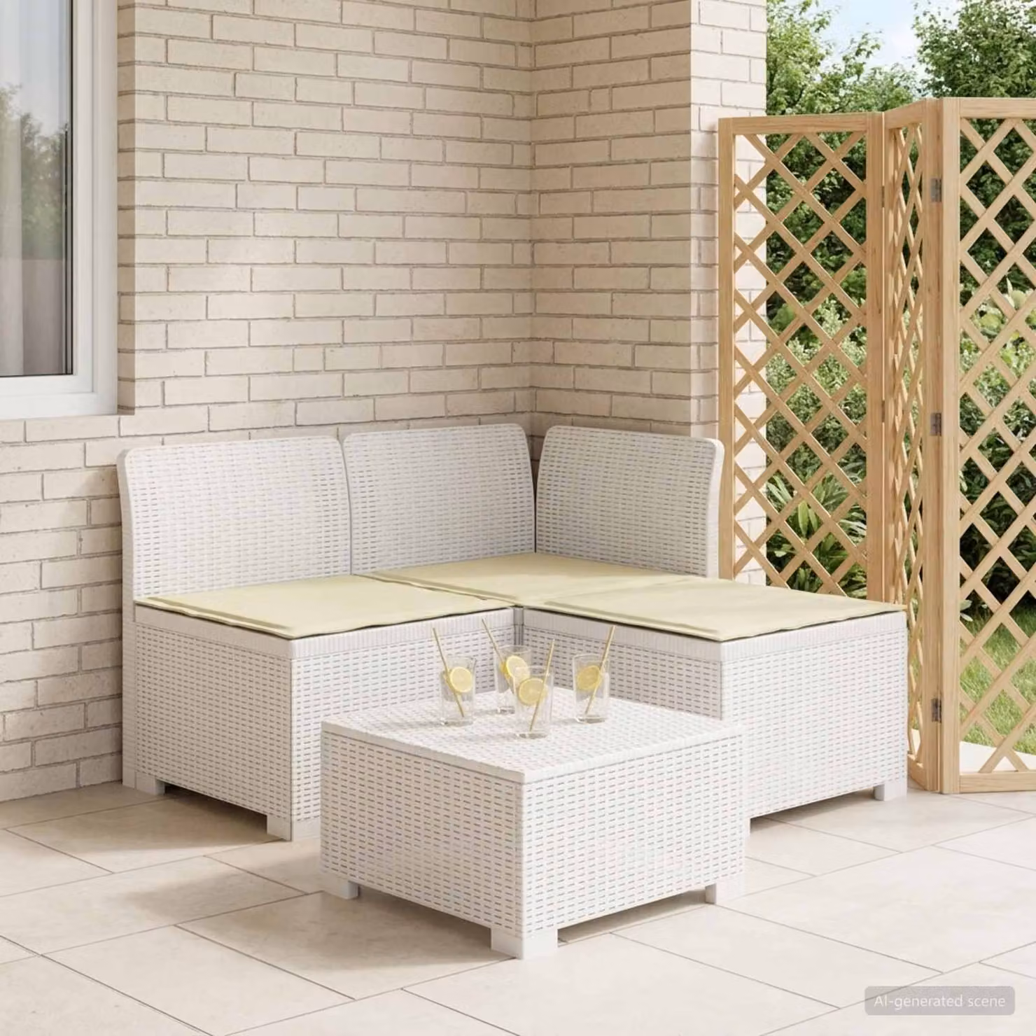 Divano da giardino a L con cuscini vidaXL, design moderno in look rattan bianco, resistente alle intemperie e ai raggi UV