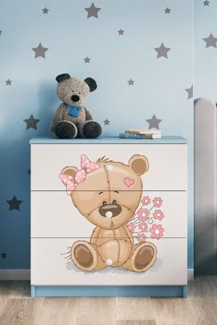 Cassettiera per bambini con fiori di orsacchiotto nel colore blu Babydreams