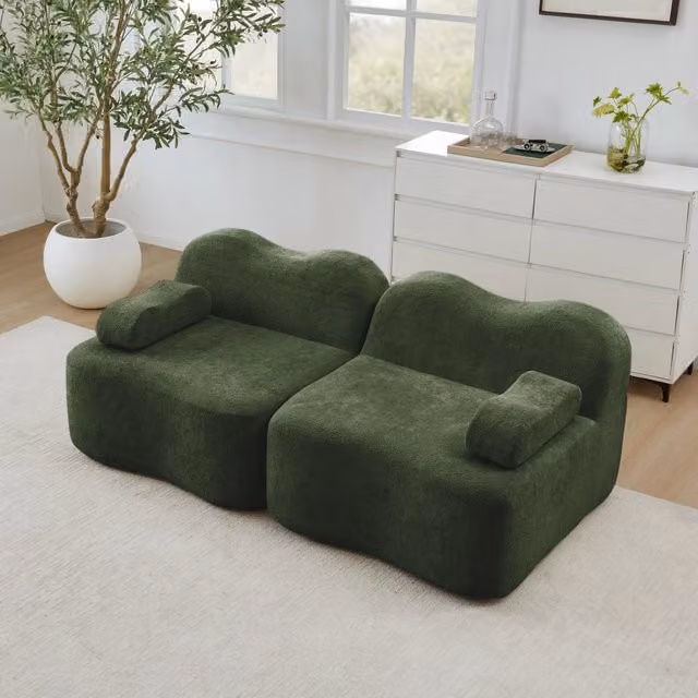 Divano Modulare 2 Posti Boneless ¨C MINIMAL ¨C Tessuto Verde, Cuscini Morbidi, Braccioli Mobili