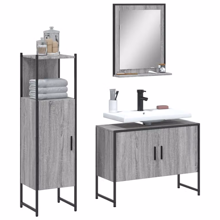 Set di mobili da bagno vidaXL 3 pezzi grigio moderno con mobile lavabo, pensile e mobile laterale in legno e metallo