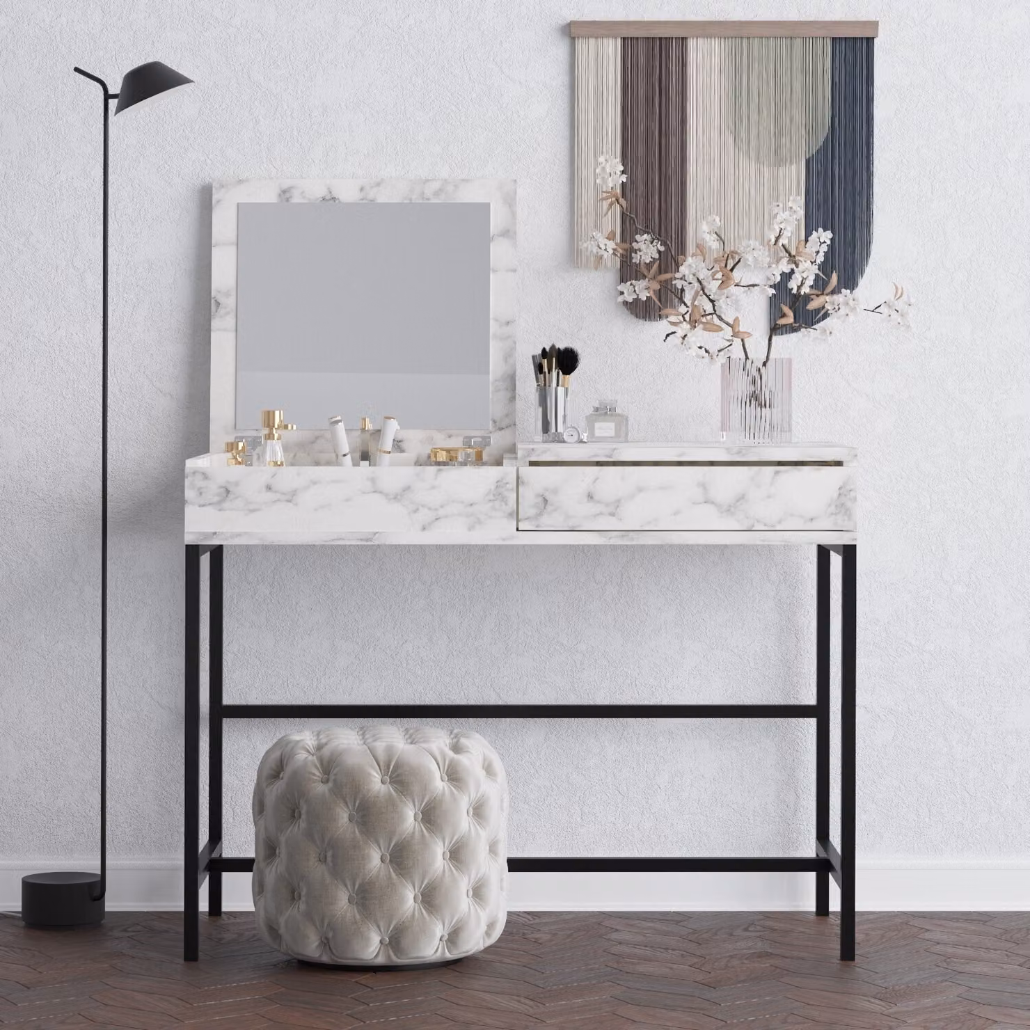 Skye Decor, Linda - Marmo di Carrara, Marmo di Carrara, Tavolo da trucco, 100 x 45 x 75 cm, 100% PANNELLI DI PARTICELLE RIVESTITI IN MELAMMINA