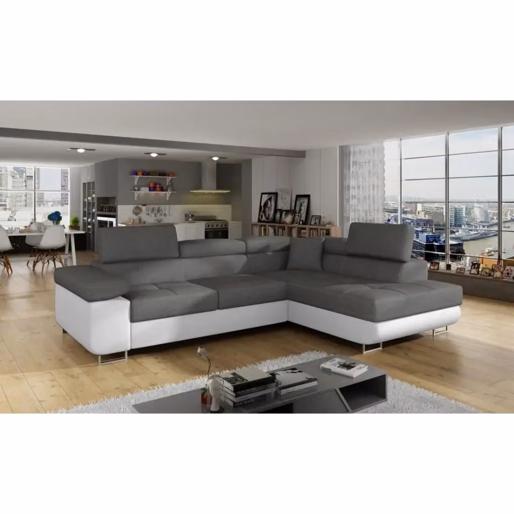 Divano angolare convertibile MEUBLORAMA moderno in tessuto grigio e bianco con funzione letto e poggiatesta regolabile, L/P/H: 272 x 145 x 85 cm – 2