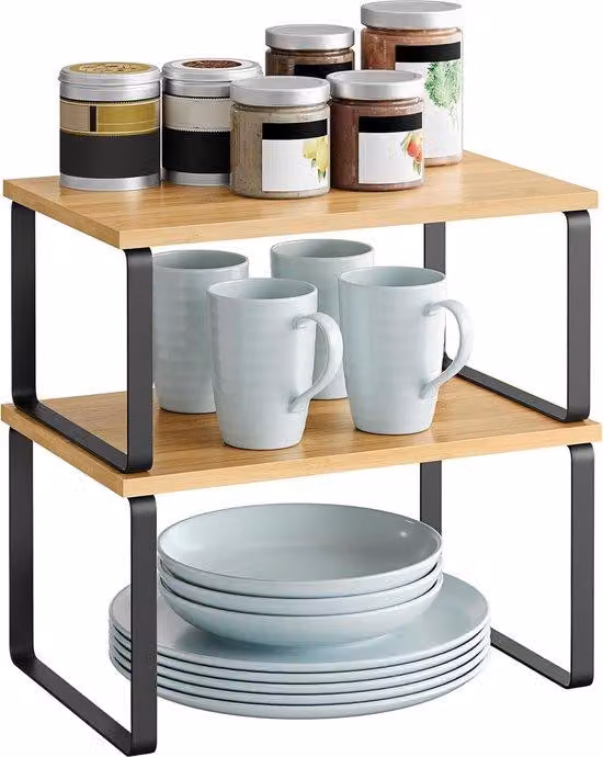 Set per l'essiccazione delle erbe aromatiche, 2 pezzi, scaffale da cucina, ribaltabile, impilabile, in metallo e bambù, nero-naturale, sistema di organizzazione per la cucina
