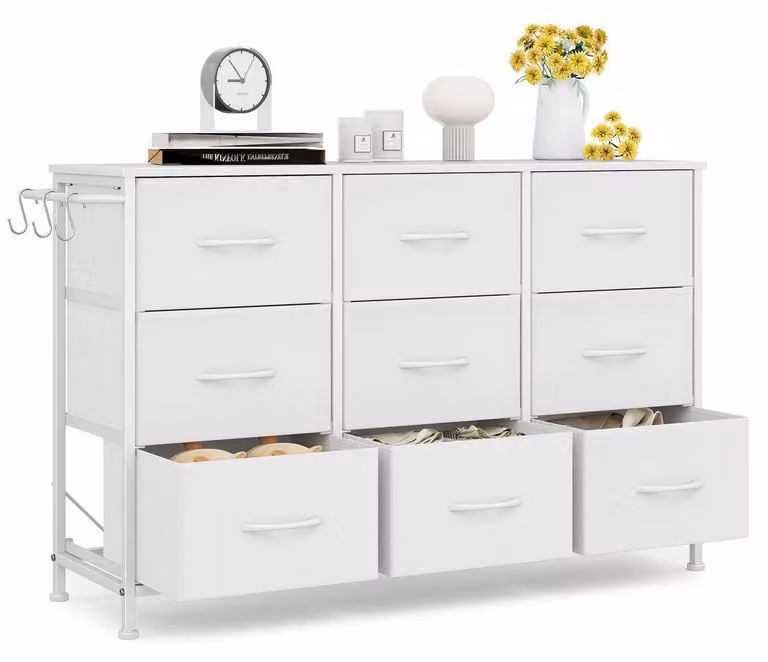 Comodino con 9 cassetti rivestiti in tessuto, colore bianco, dimensioni 100x30x65 cm