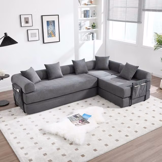 Divano modulare ULEVR 270x180x64 cm in velluto a coste grigio scuro, configurabile con tasca laterale