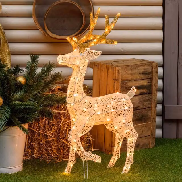 Renna decorativa 3D con zampa alzata Top Eventi Store, colore beige e marrone, con 200 LED bianco caldo, Altezza: 105 cm