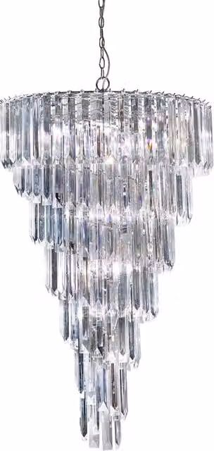 Lampadario a sospensione contemporaneo Sigma Searchlight in acciaio cromato e policarbonato trasparente con 9 luci E14 e altezza regolabile