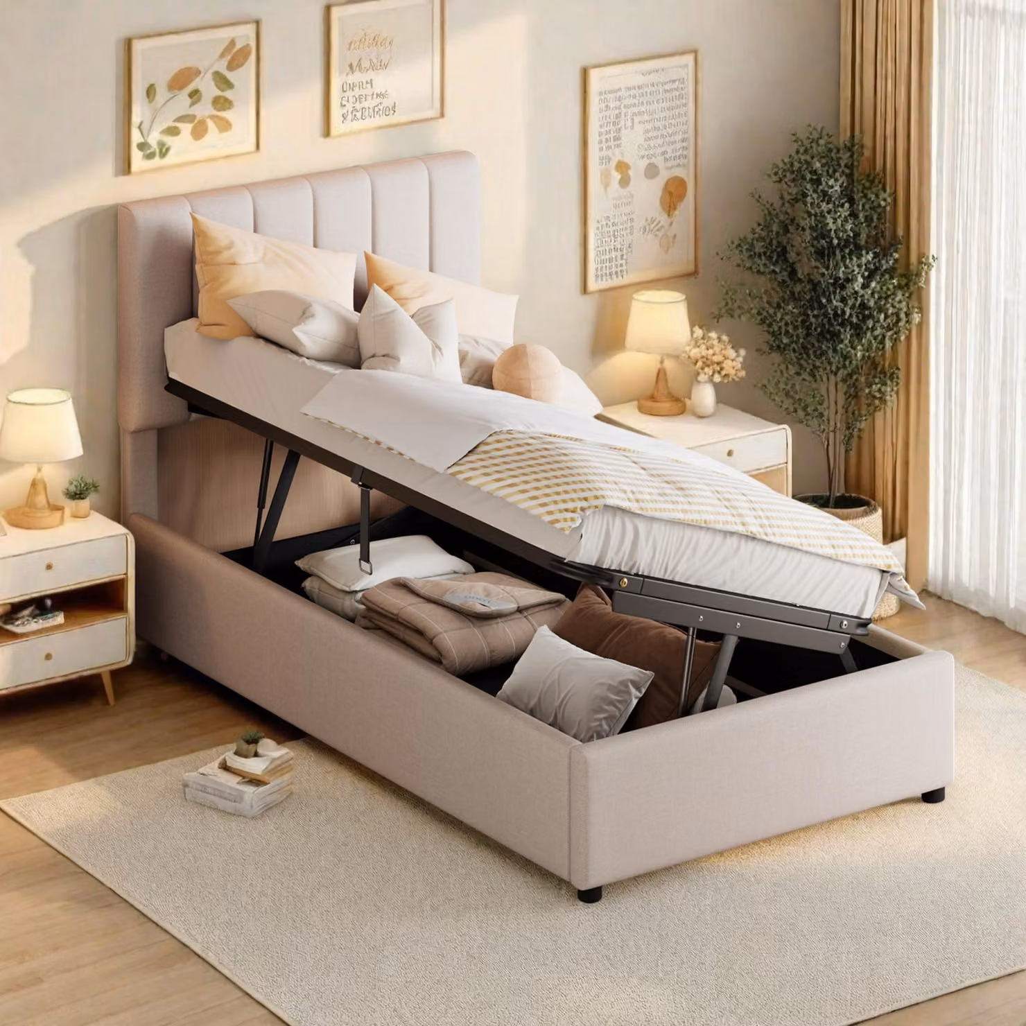 Letto singolo 90x200 con box contenitore, letto a molle con spazio contenitore, sistema idraulico, letto per bambini con poggiatesta regolabile e rete a doghe, letto imbottito beige in lino, senza materasso