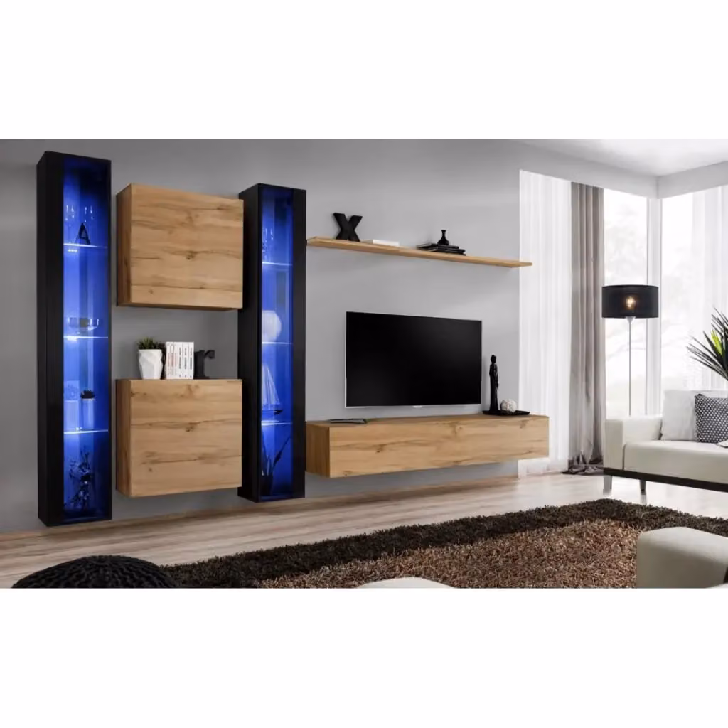 Composizione murale Meublorama SWITCH XVI con mobile TV, vetrine LED e scaffali, Rovere e Nero lucido, L: 330 cm, H: 40 cm, P: 6 cm – 2