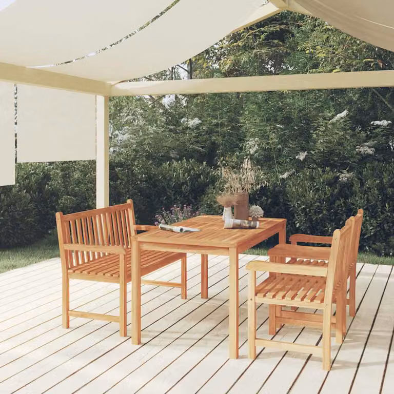 Set da pranzo per giardino vidaXL in legno di teak marrone, composto da 4 pezzi con tavolo rettangolare e sedie, L/P/H: 140 x 80 x 90 cm