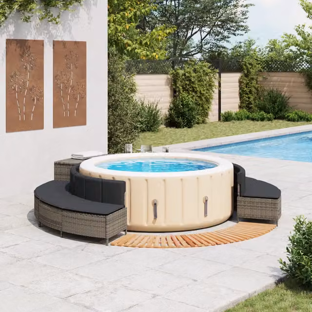 Bordo per Spa vidaXL in Polyrattan Grigio e Legno di Acacia Oliato