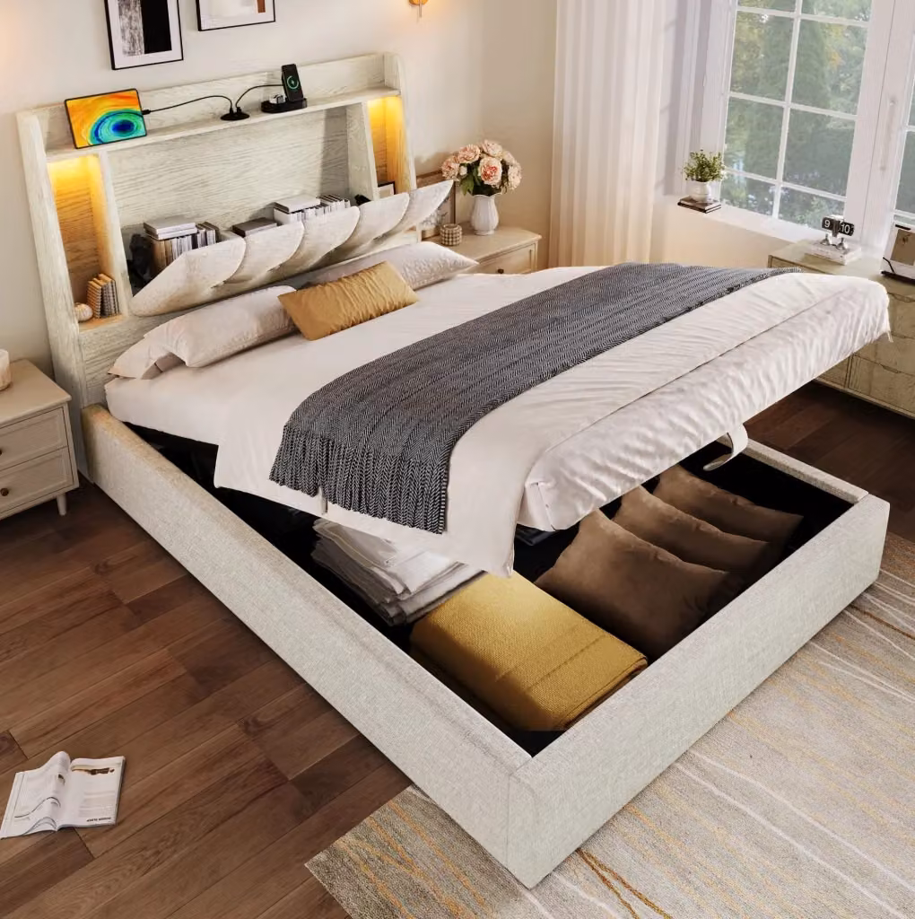 Letto imbottito moderno beige con contenitore ribaltabile, illuminazione LED e porte di ricarica USB e Type-C, L/P: 90 x 200 cm – 2