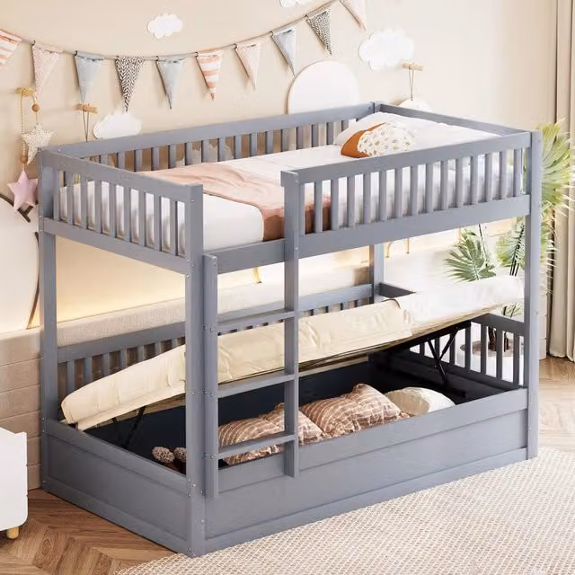 Letto a castello bambini con contenitore idraulico ¨C MINIMAL ¨C Legno massello, Grigio, 90x200