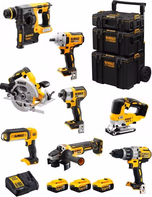 Kit utensili DeWALT DWK801 giallo con batterie ricaricabili da 5,0 Ah e caddy 3in1