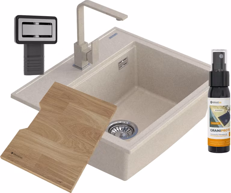 Granitan - Lavello in granito - Lavello da cucina - 56x50 cm - Beige - con rubinetteria PERRO e tagliere - FOXAL