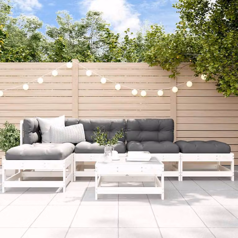 Set Salotto da Giardino vidaXL 6 pz in Legno di Pino Bianco con Cuscini e Design a L