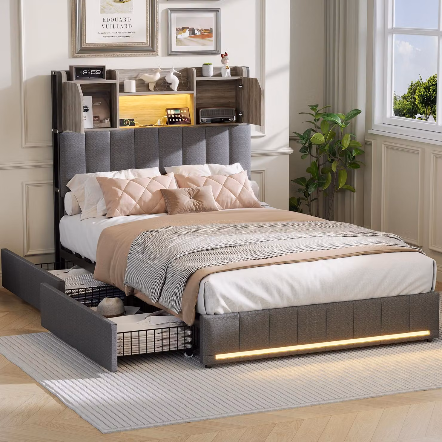 Letto imbottito Fortuna Lai 90x200cm con USB, prese e LED, letto per ragazzi letto singolo con 4 cassetti, letto contenitore letto in legno massiccio con rete a doghe, lino, grigio
