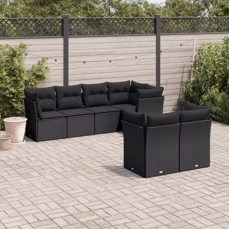 Set di Divani da Giardino a L con Cuscini 7pz vidaXL Nero con Struttura in Acciaio e Polyrattan