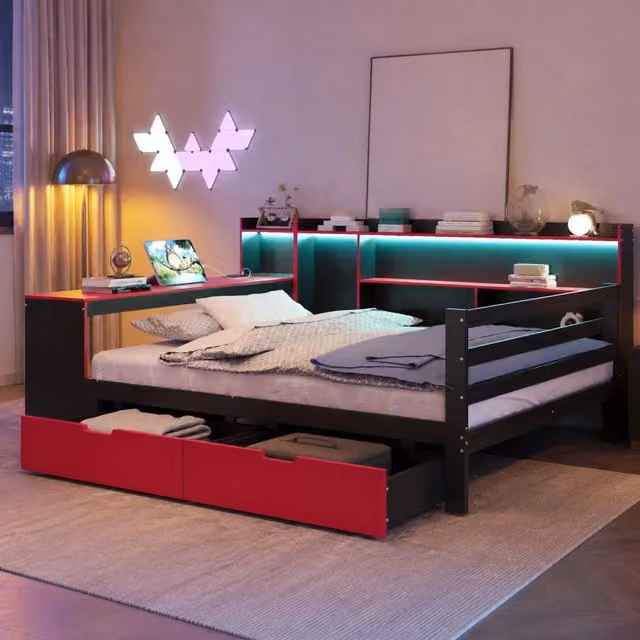 Letto matrimoniale multifunzione 140x200 cm in legno; con scrivania; LED e cassetti; nero e rosso
