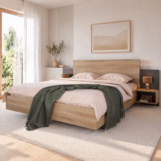 Letto matrimoniale 160x200 cm con 2 comodini integrati in legno massello; rovere Sonoma e grigio scuro