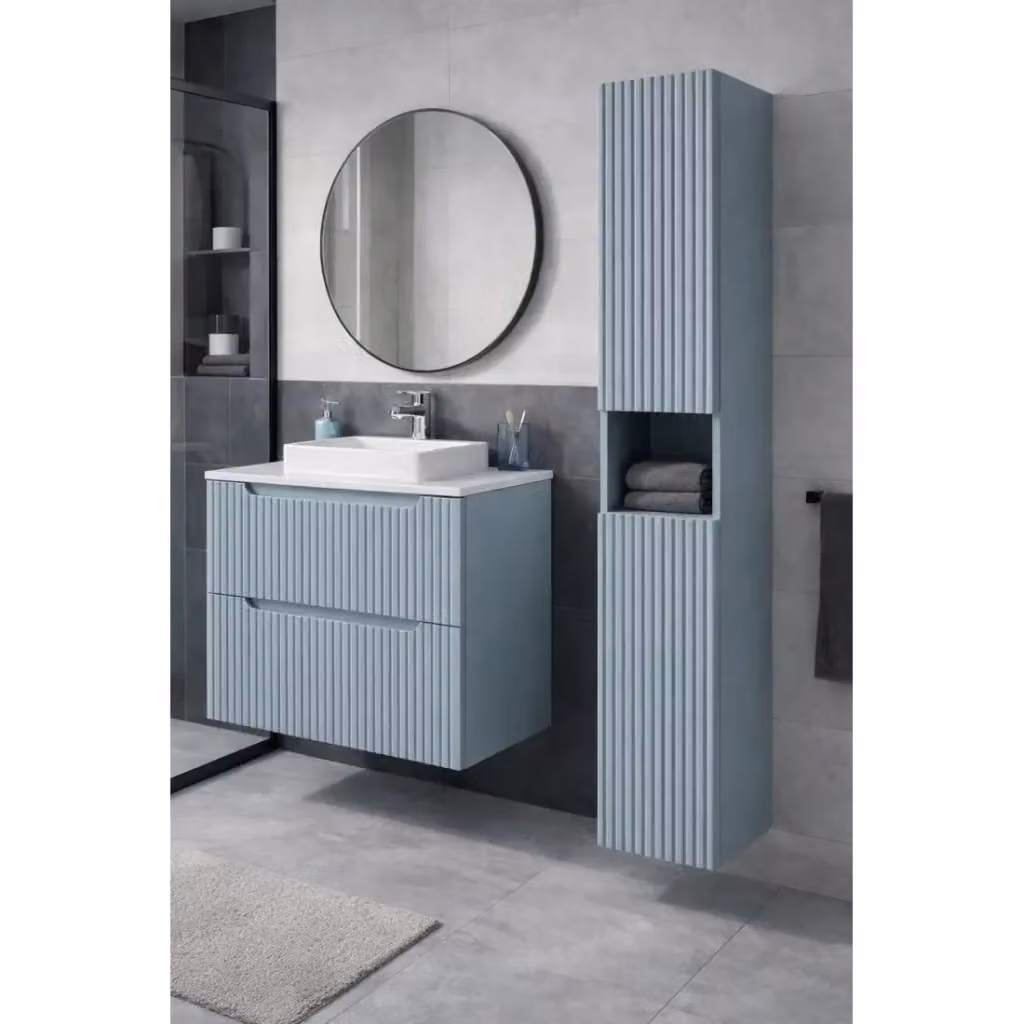 Colonna da bagno sospesa Meublorama blu denim con 2 ante e chiusura soft-close, Altezza: 140 cm – 2