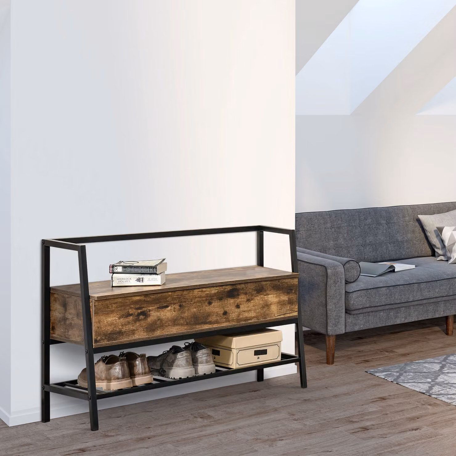 Scarpiera salvaspazio HOMCOM in stile industriale con panca, in legno e metallo, marrone rustico, L: 90 cm, P: 37 cm, H: 60 cm – 2
