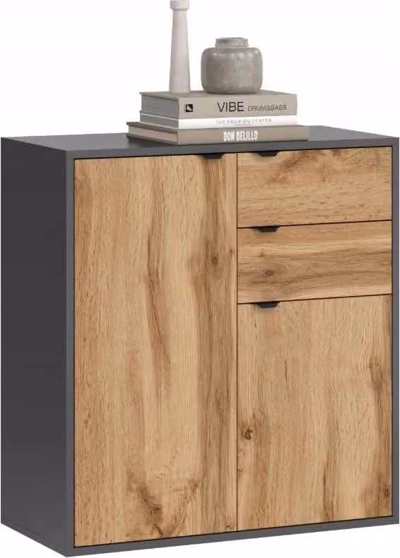 BDW, cassettiera con cassetti, per soggiorno, Luna graphite / rovere Wotan, 75x35x80cm