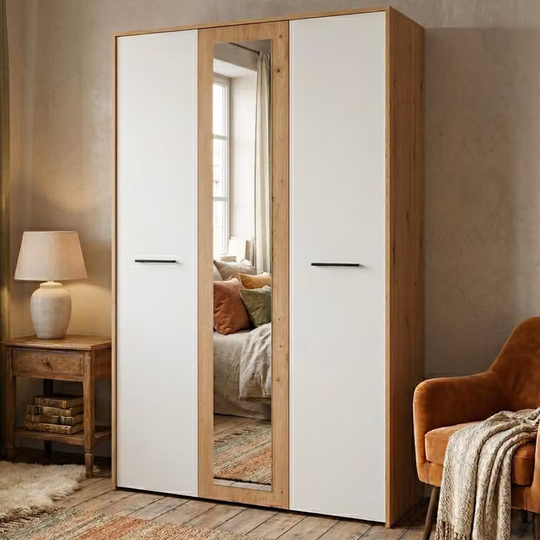 Dmora Guardaroba 3 Ante Lavagno 119x53 cm Bianco Rovere Nodi, Appendiabiti 5 Ripiani