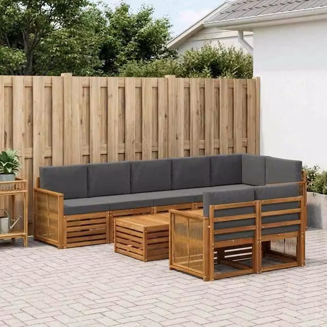 Set di divani da esterno a L vidaXL in legno di acacia con cuscini, colore marrone e antracite