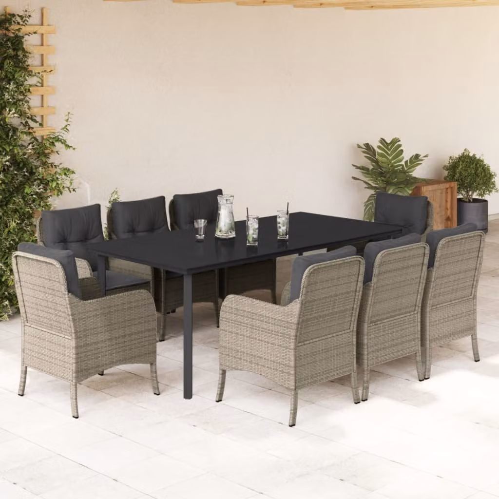 Set Pranzo da Giardino vidaXL in Polyrattan con Cuscini e Piano in Vetro, 9 Pezzi, Grigio Chiaro – 1