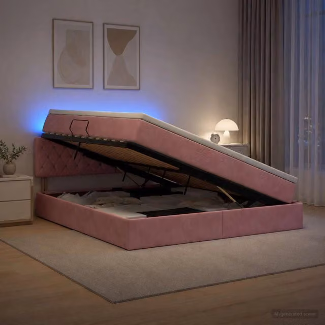 Letto con contenitore e illuminazione LED vidaXL in velluto rosa, L/P/H: 160 x 200 x 140 cm