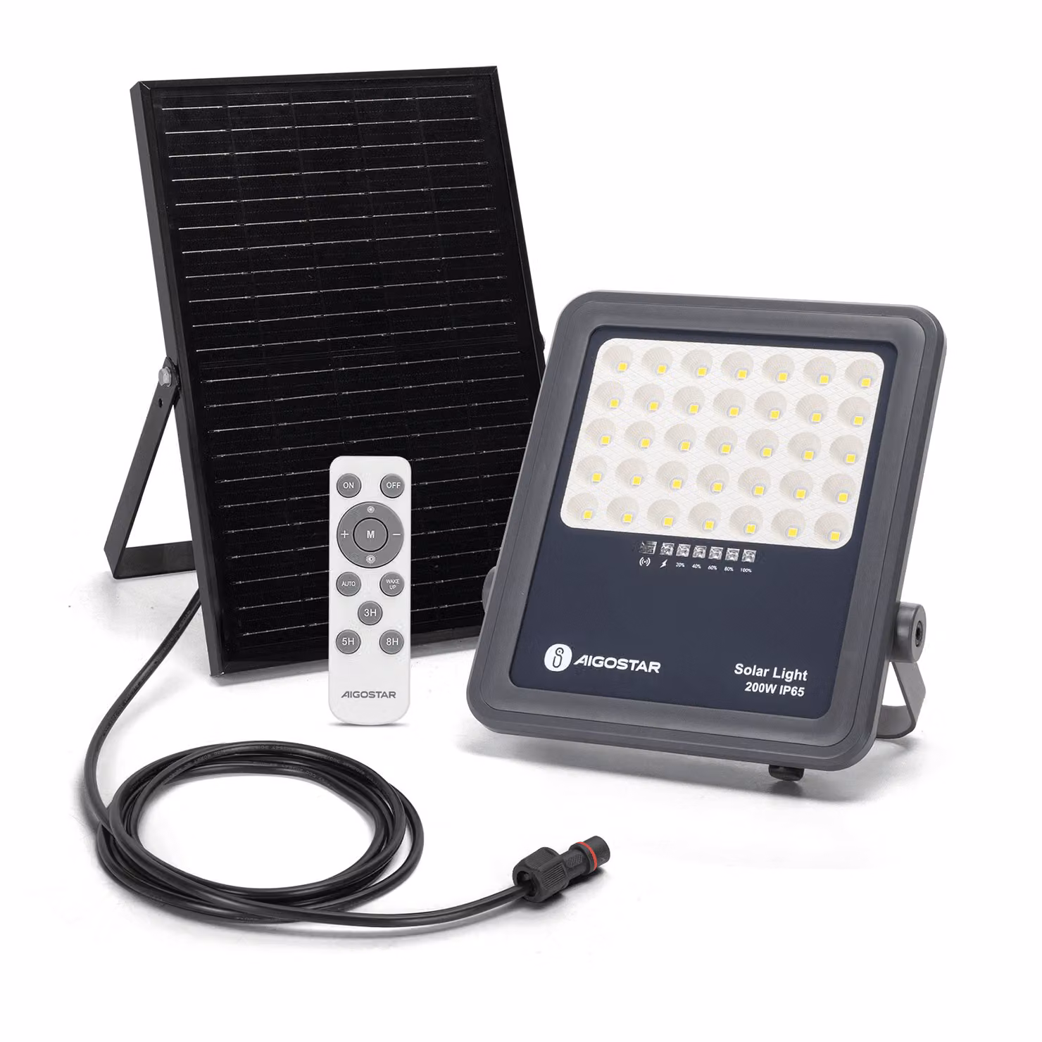 Proiettore solare Aigostar da 200 W con telecomando, 2000 lm, IP65, 6500 K per esterni