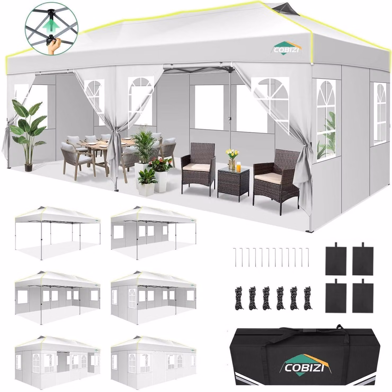 Gazebo da esterno 3x6 metri, bianco, impermeabile, con 6 pareti laterali, protezione UV e sistema di chiusura centralizzato