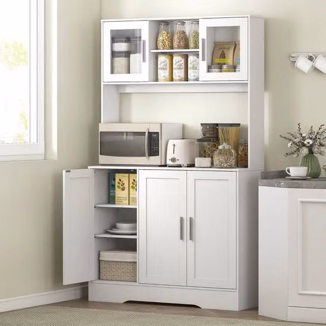 Credenza da cucina 108x35x180 cm con ripiani regolabili e ante in vetro; legno bianco