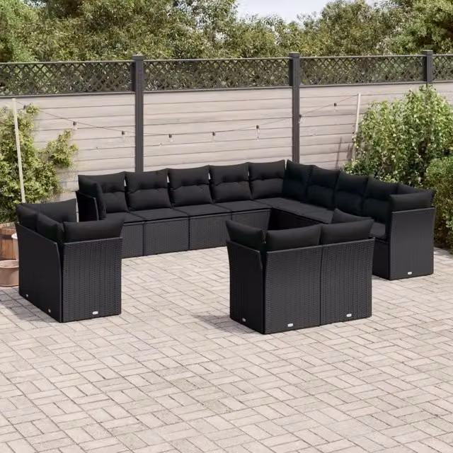Set di Divani da Giardino VIDAXL in Polyrattan Nero con 13 Pezzi e Cuscini in Tessuto a Forma di U