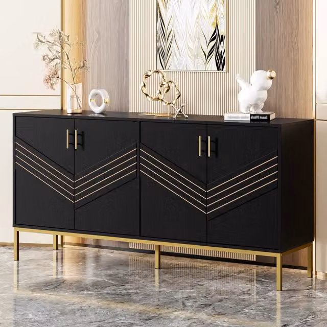 Sideboard moderno REDOM a 4 ante in MDF nero e oro con design geometrico L/P/H: 160 x 40 x 80,5 cm