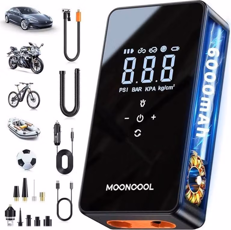 Pompa d'aria elettrica a doppio motore 150 PSI 12V compressore d'aria multifunzione con 6000 mAh power bank auto off LED per auto bici moto palloni barca gonfiabile arancione