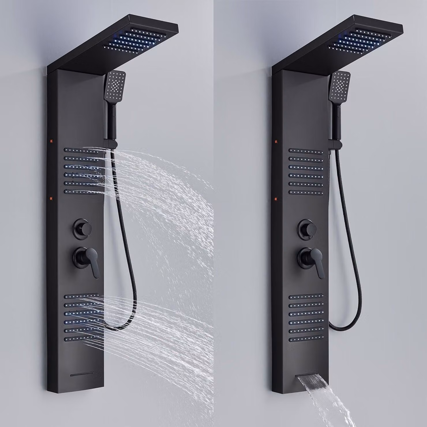 Pannello doccia a colonna con doccia a pioggia e cascata – Colore: nero opaco – Acciaio inossidabile – 5 funzioni