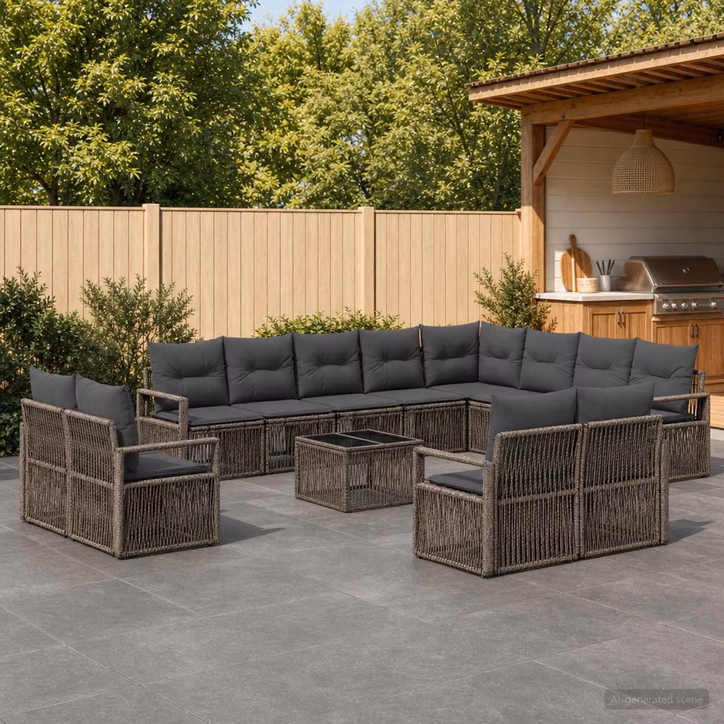 Set Divano da Giardino vidaXL 13 Pezzi a Forma di U Grigio con Cuscini e Tavolino da Caffè in Polyrattan e Acciaio Verniciato a Polvere