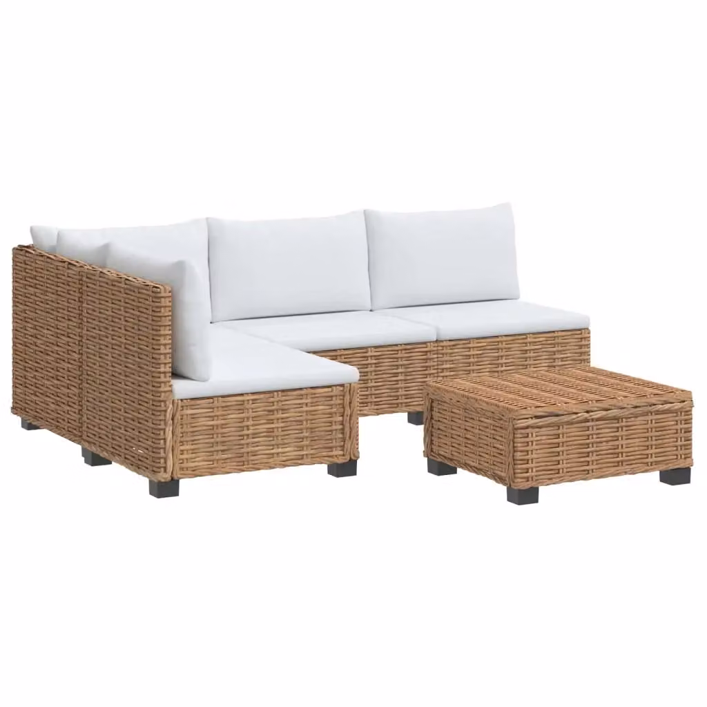 Set Lounge da Giardino a Forma di L vidaXL in Rattan e Legno con Cuscini Beige e Bianchi – 2