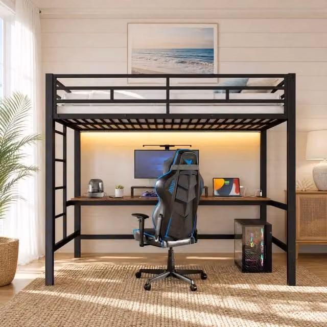 Letto a soppalco 90x200 cm in metallo e MDF con scrivania; LED; USB e Type-C nero